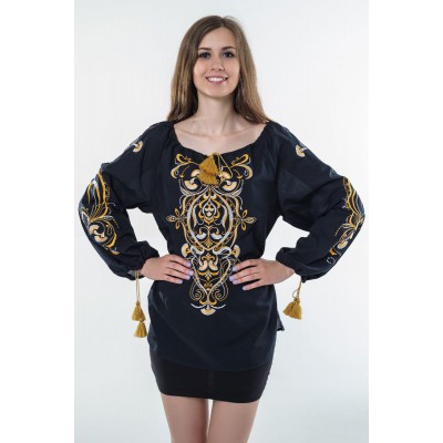 Boho Style Ukrainian Embroidered Folk  Blouse "Magic Herbs" golden on black